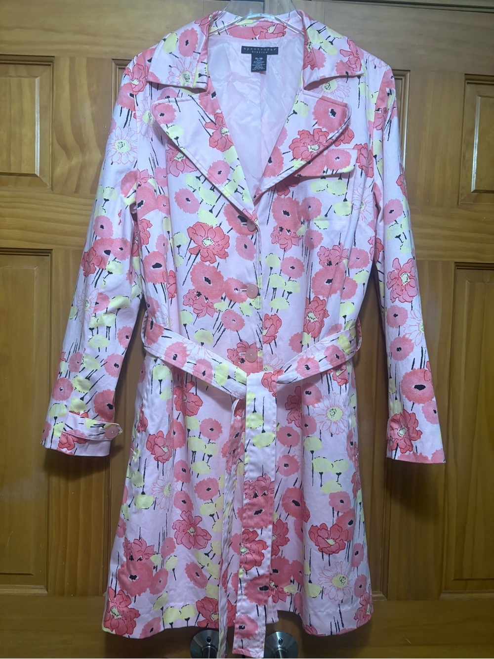 Apostrophe Pink Floral Belted Trench Coat Size XL NWOT